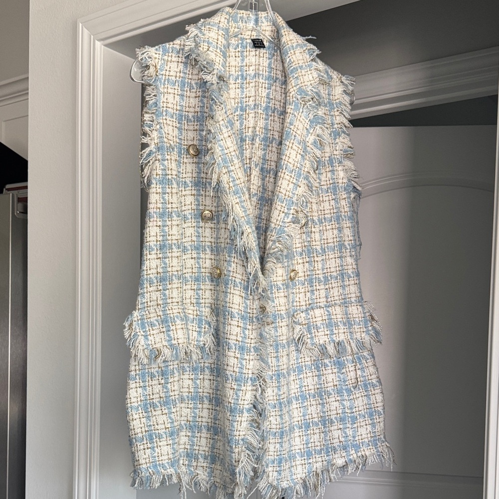 SHEIN Light Blue and White Tweed Fringed Sleeveless Coat Vest